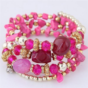 Bohemian Fashion Crystal and Artificial Turquoise Mixed Design Triple Layers Fashion Bracelet - Rose