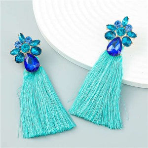 Vintage Flower Cluster Design Long Cotton Thread Wholesale Tassel Earrings - Blue