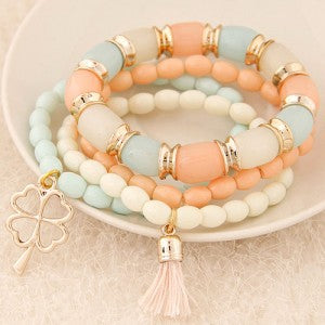 New Arrival!! Golden Four-leaf Clover and Tassel Pendants Multi-layer Beads Fashion Bracelet - Light Orange