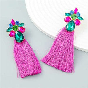 Vintage Flower Cluster Design Long Cotton Thread Tassel Earrings - Rose